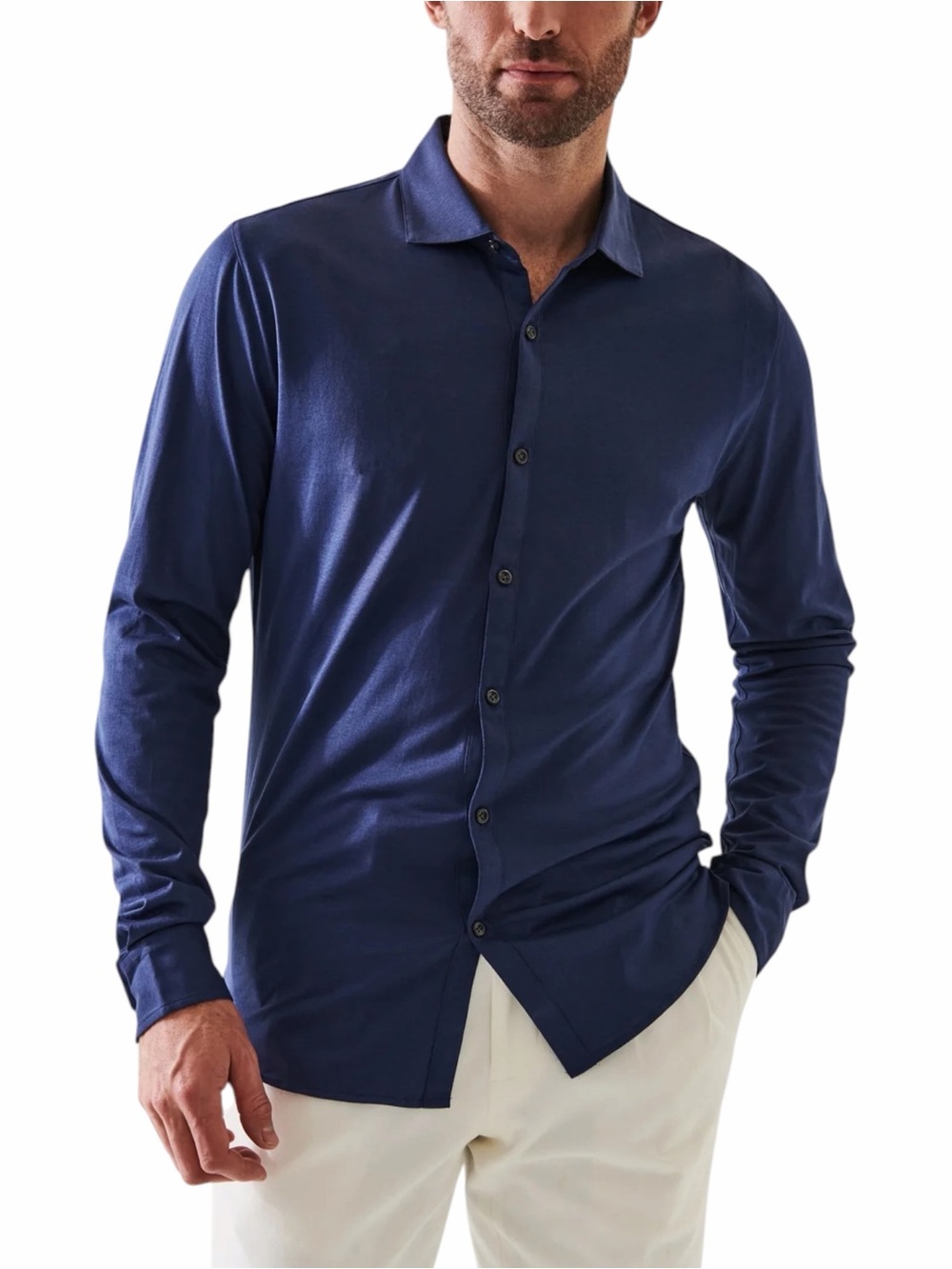 Patrick Assaraf Men's Navy Long-Sleeve Silk Cotton Button-Up Shirt M